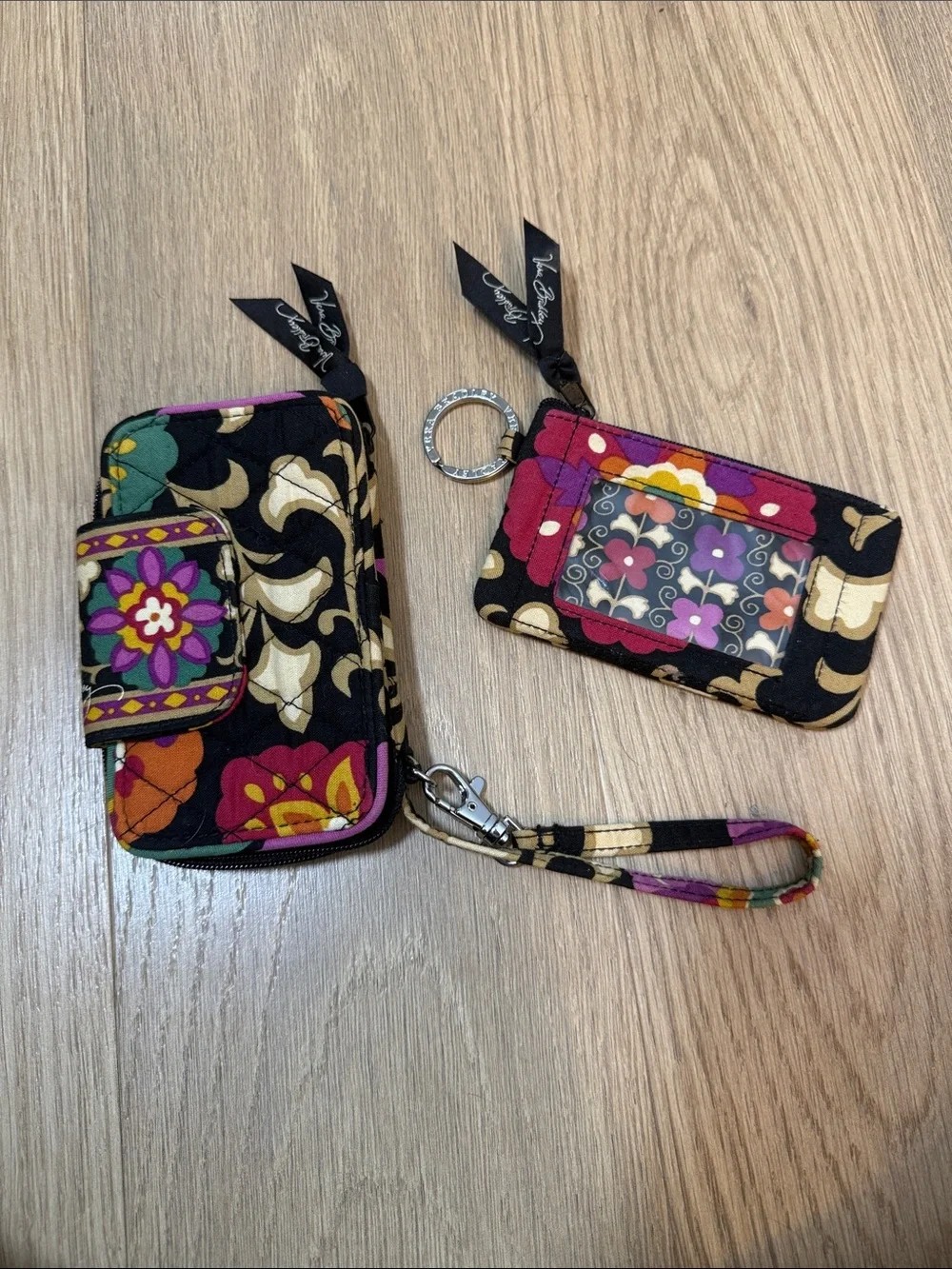 Vera Bradley Floral Black Multicolor Wristlet and Key Pouch Set